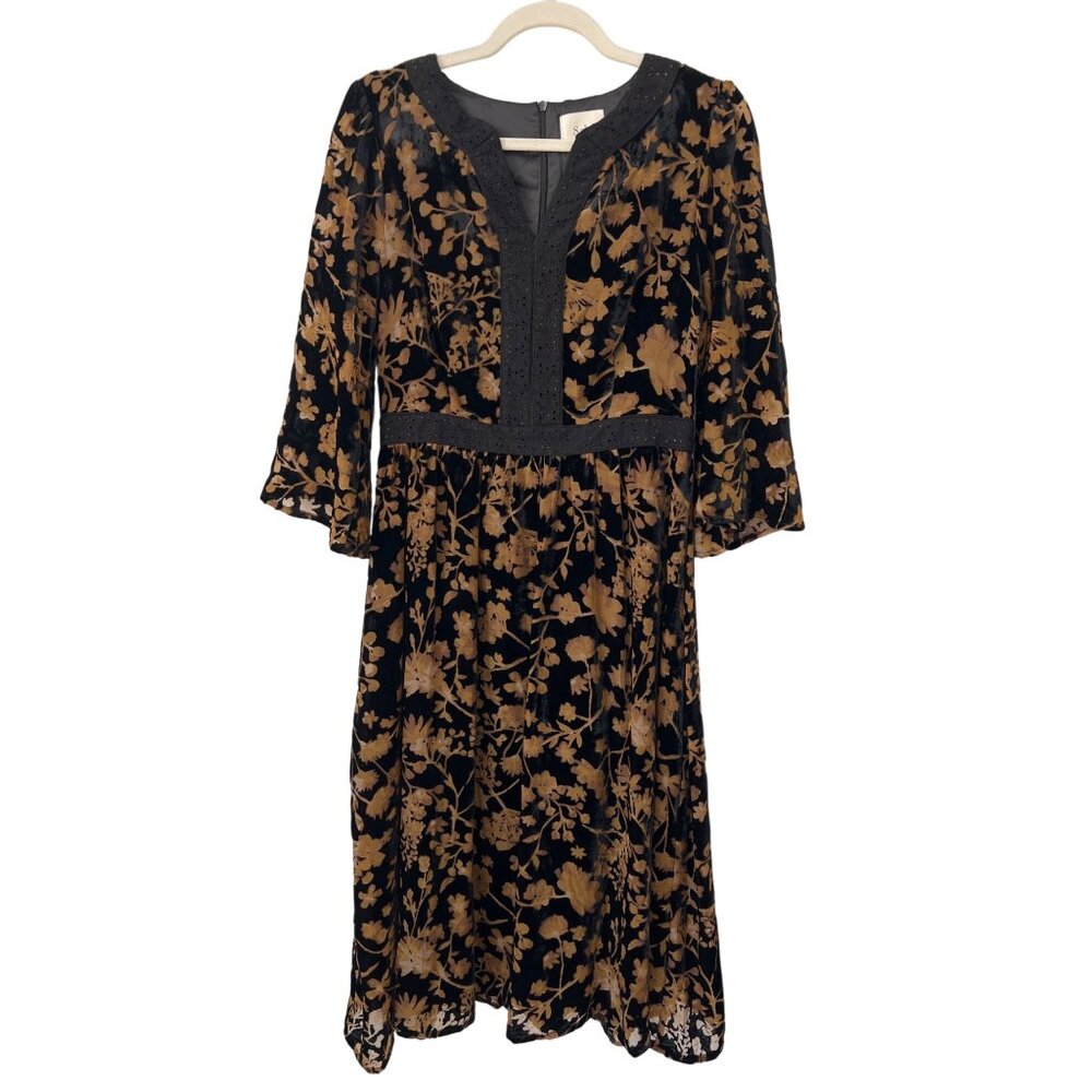 Salt Floral Burnout Velvet Midi Dress Size Small V Neck Black Gold Whimsigoth